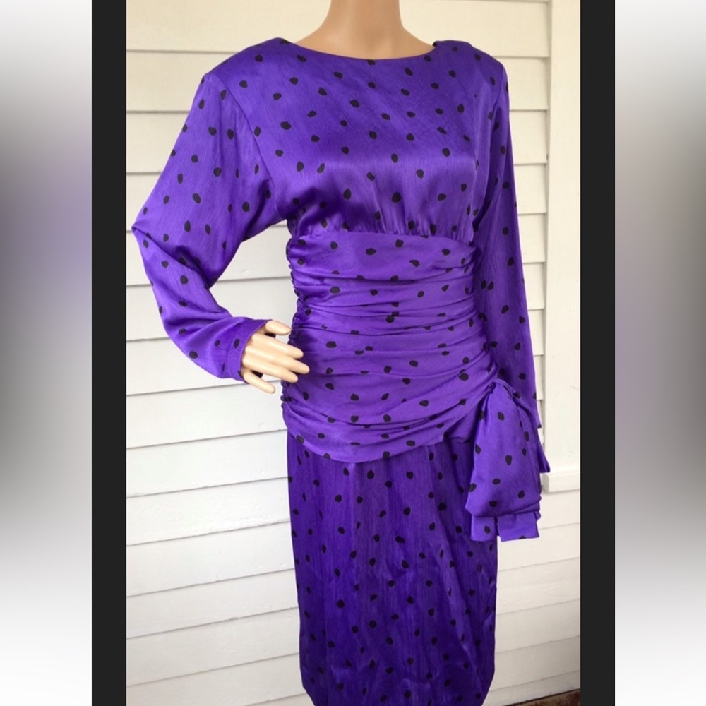 80s Purple Polka Dot Dress I Magnin Vintage Bow S - Picture 4 of 4